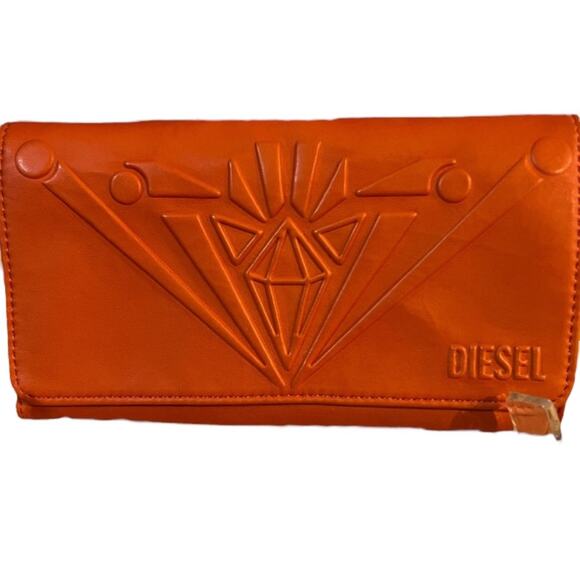 Diesel Long Orange Embossed Logo Leather Flap Snap Clutch Wallet NWT - Picture 1 of 5